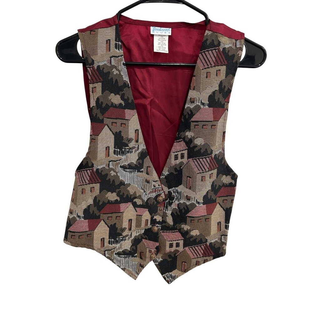Backroad Blues Vintage V-Neck Button Front Tapestry Vest Size Small Red Beige